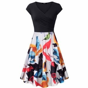 Lotusmile Floral Multicolor Cap Sleeve Vneck Dress